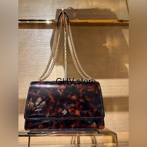 Tory Burch Emerson Tortoise Shell patent adjustable shoulder Bag